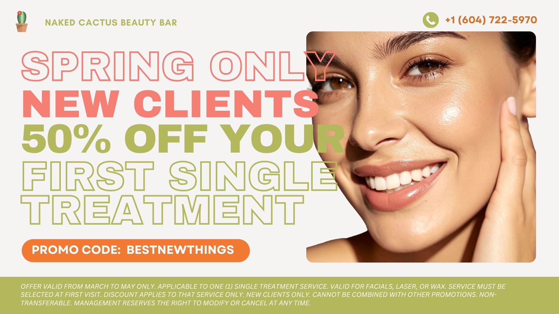 get 50% off your first beauty treatment in coquitlam, burnaby, burcoquitlam. For Laser, waxing, or facials.